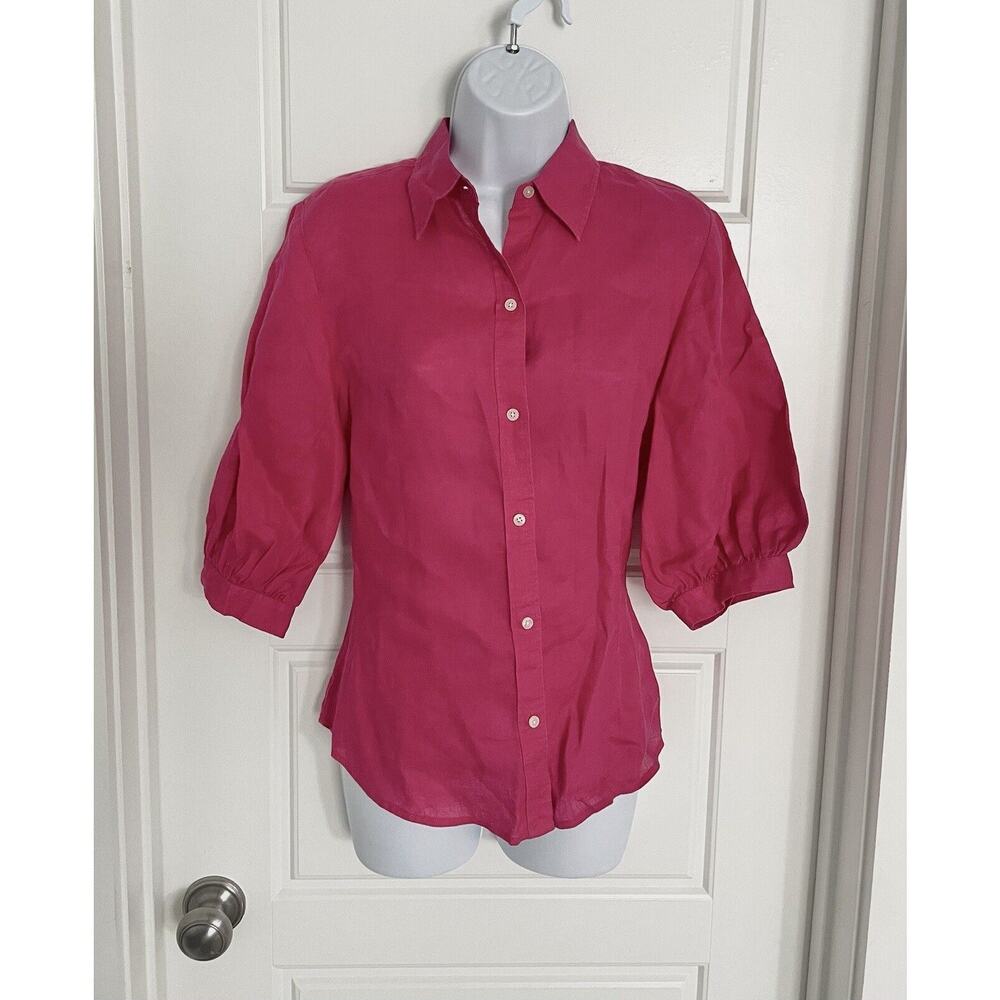 Lauren Ralph Lauren 100% Linen Blouse Size M Pink 3/4 Puff Sleeve Button Front